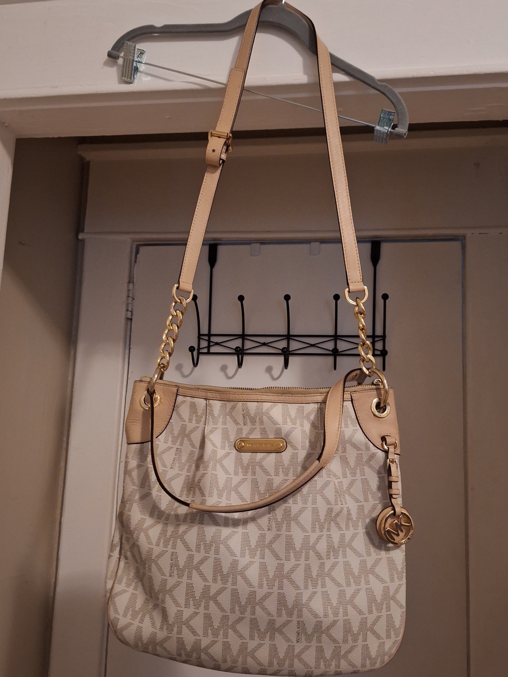 Michael Kors Beige and Tan MK Logo Shoulder Bag with Gold Hardware